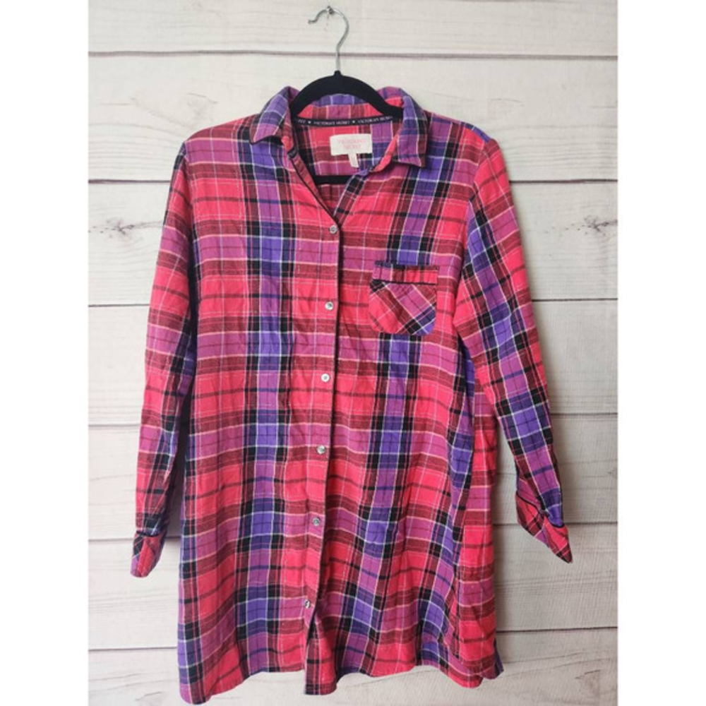 Victorias Secret Womens Sleepshirt‎ Red Purple Plaid Pocket Collared S